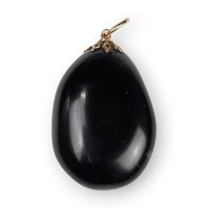 Vintage Black Glass Egg Shaped Necklace Pendant Oval Brass Filigree 2" Long